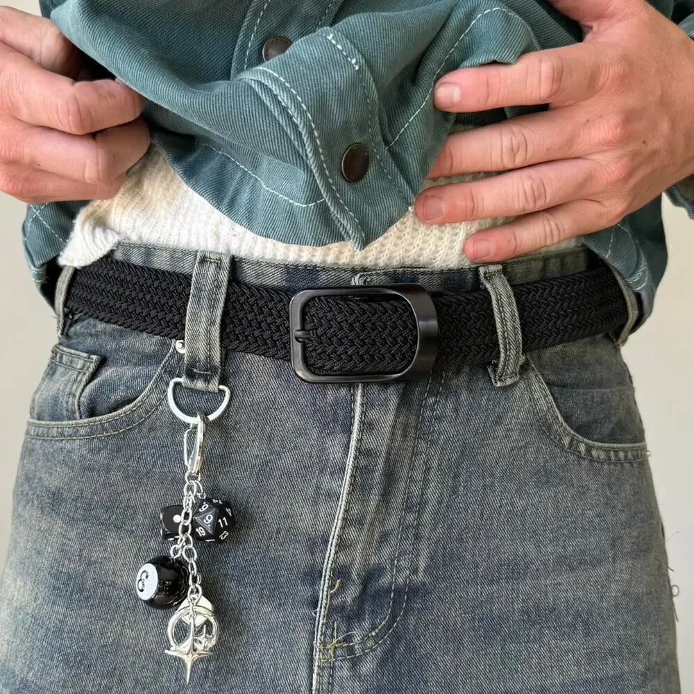 Y2K Black Grey Elastic Belt Silver Hardware Adjustable Unisex New